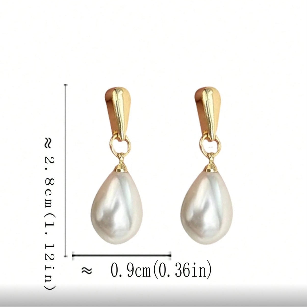 Gold Pearl Teardrop Earrings shown with measurements on a white background.