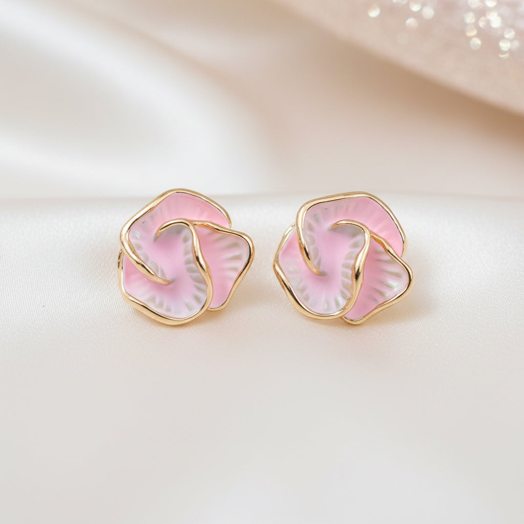 Golden Edge Pink Pearl Flower Earrings on white