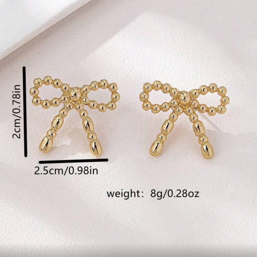 Gold Beaded Bow Earrings with measurements and weight details on a white background