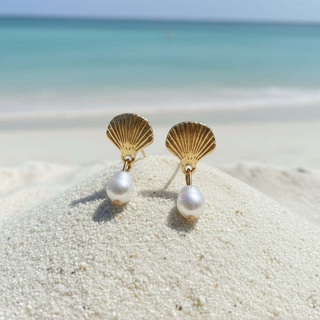 Gold Seashell Pearl Drop Earrings