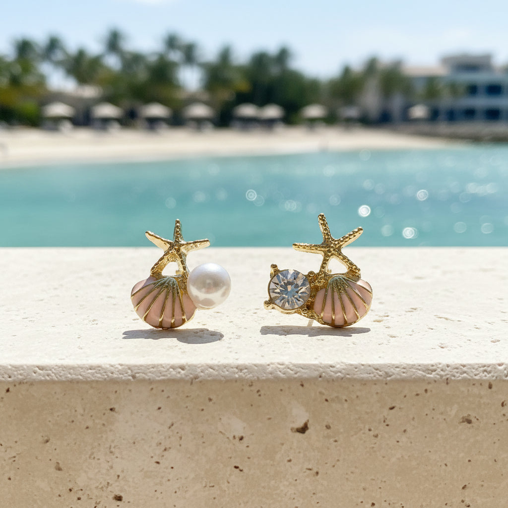 Pink Shell Pearl & Crystal Starfish Earrings