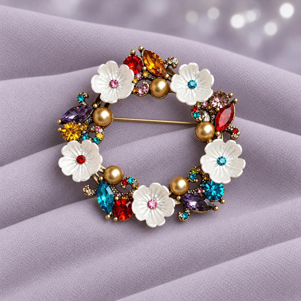 Jeweled Pearl Flower Wreath Pin