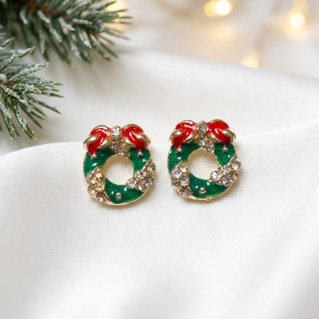Red Bow Christmas Wreath Earrings