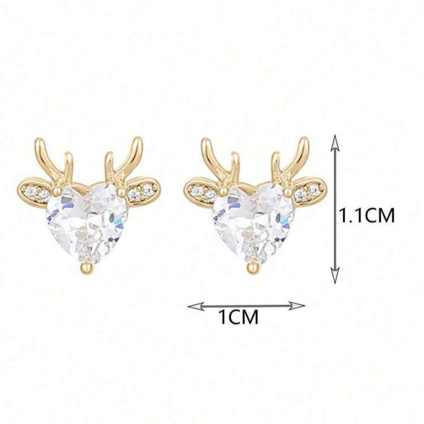 Gold Reindeer Zircon Heart Earrings with measurements on a white background
