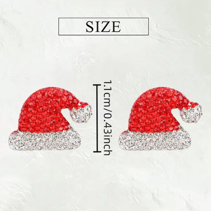 Santa Hat Rhinestone Earrings with silver accents and size measurement on a white background