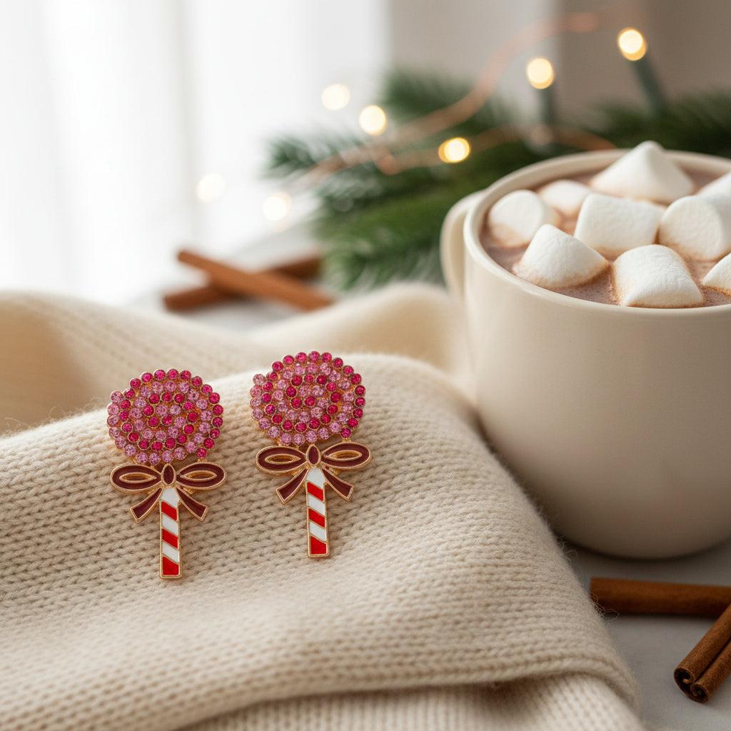 Oversized Holiday Candy Swirl Earrings with measurements on a white background
