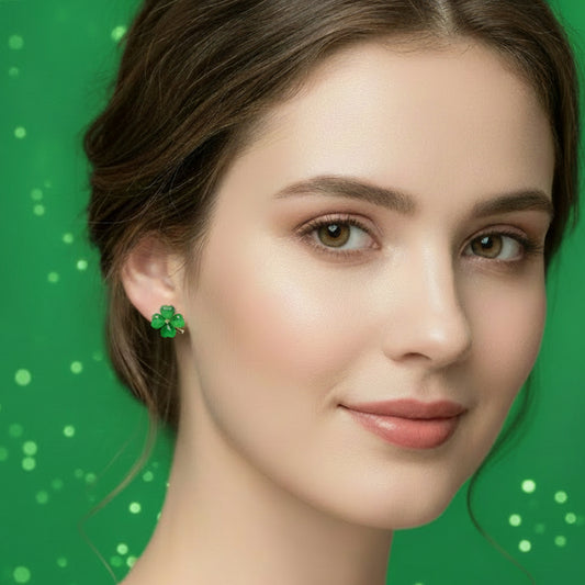 Gold and Green Four-Leaf Clover Shamrock Earrings on a white background