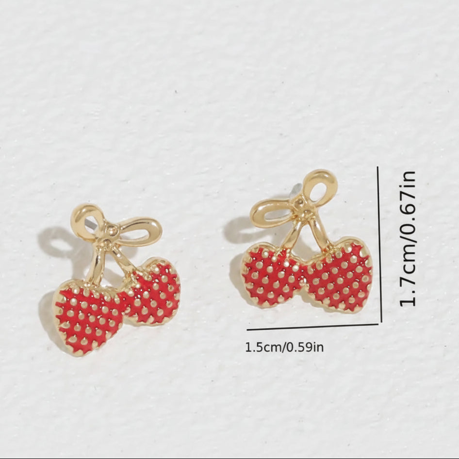 Gold Bow Strawberry Earrings with dimensions