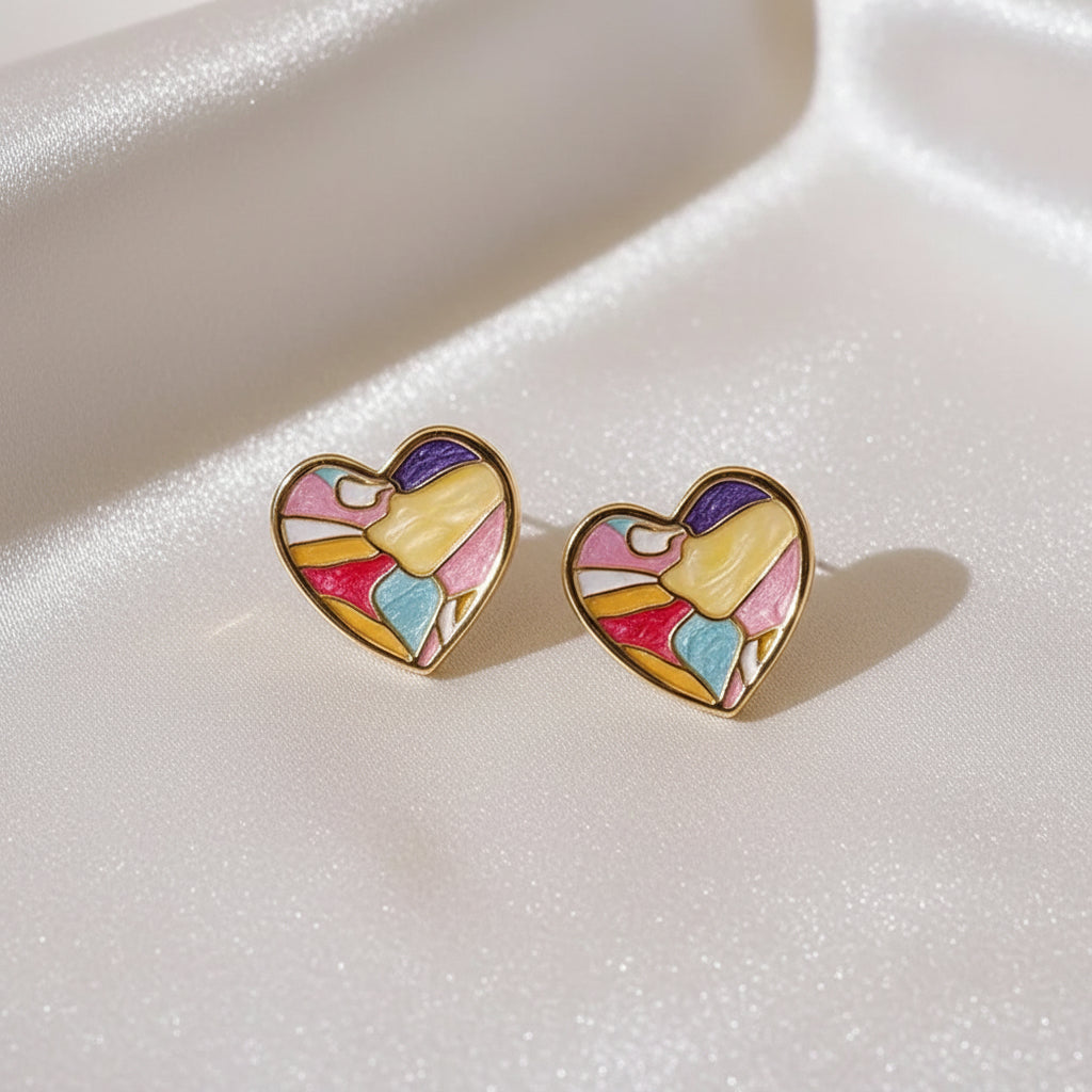 Mosaic Pastel Heart Earrings with colorful design on a white background