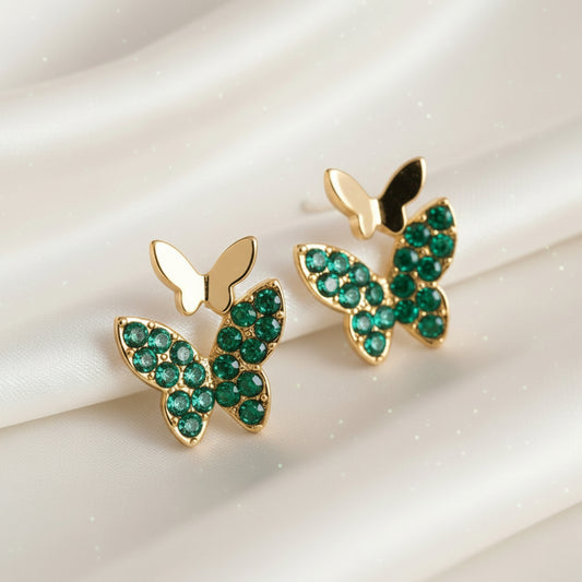 Gold & Green Pavé Butterfly Earrings