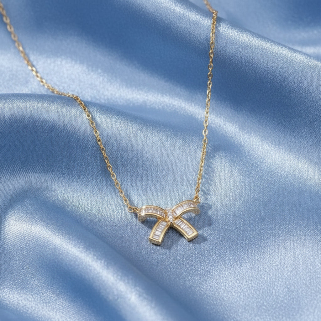 White & Gold Bow Earrings + Gold Bow Necklace Bundle