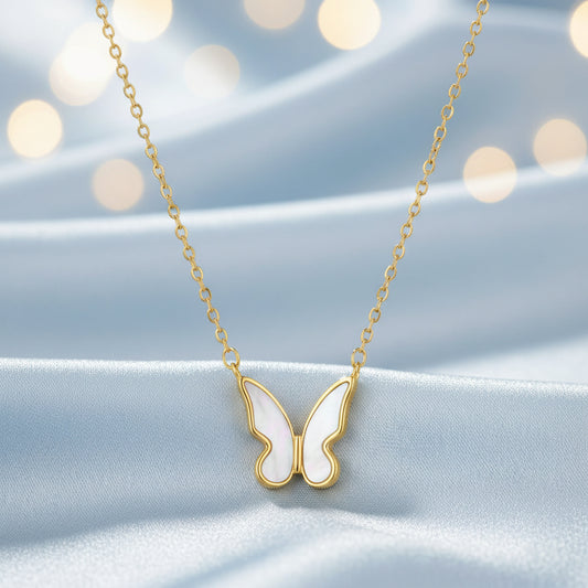 Butterfly charm necklace featuring shell inlay, ideal for gifting on birthdays, anniversaries, or special occasions.