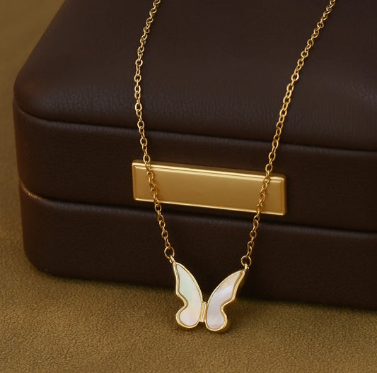 Elegant Shell Butterfly Necklace with a gold-plated adjustable chain (17-19"), perfect for everyday wear or special occasions.