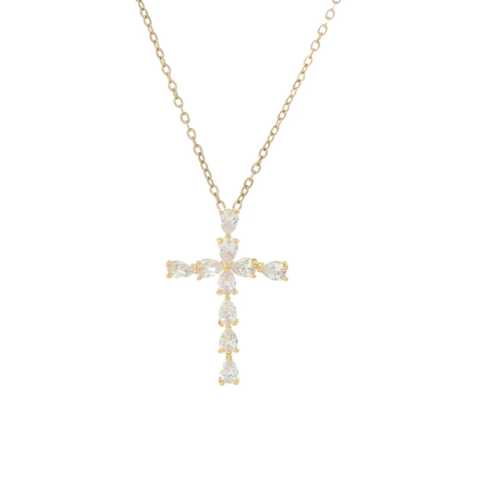 Zirconia Gold Cross Necklace featuring a sparkling cross pendant and an adjustable 16"-18" chain.