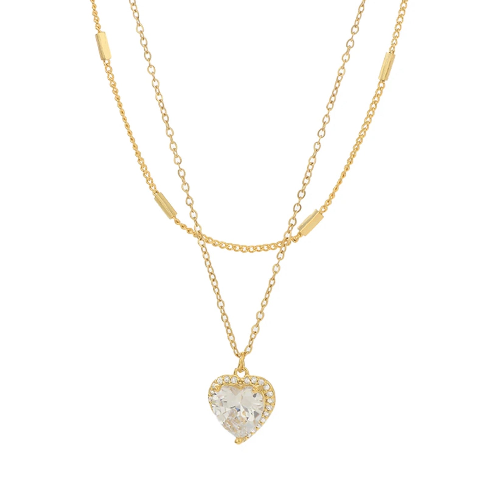 Layered Heart Zircon Necklace featuring a multi-layered design with sparkling zircons and an adjustable 14.5"-16.5" chain.