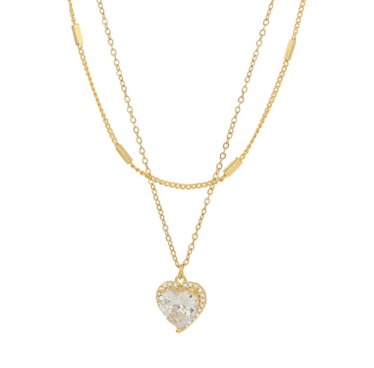 Layered Heart Zircon Necklace featuring a multi-layered design with sparkling zircons and an adjustable 14.5"-16.5" chain.