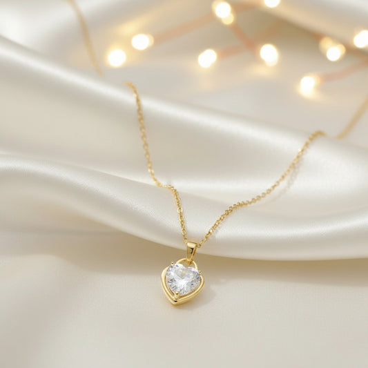 Zircon Heart Locket Necklace featuring a heart-shaped locket with sparkling zircons and an adjustable 16"-18" chain, on black jewelry box.