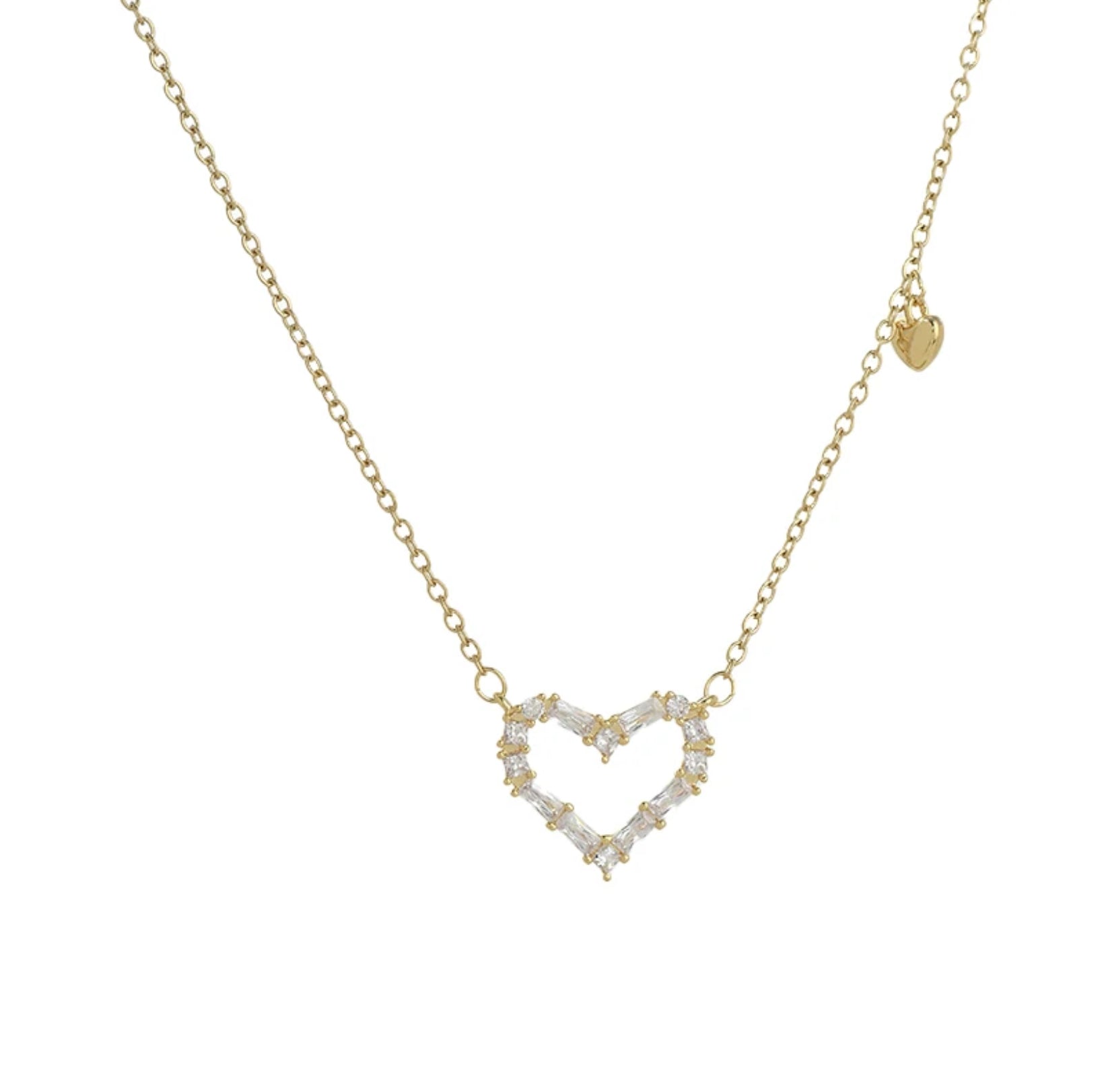 Zircon Gold Heart Necklace featuring a heart-shaped zircon pendant and adjustable 17"-18.5" chain.