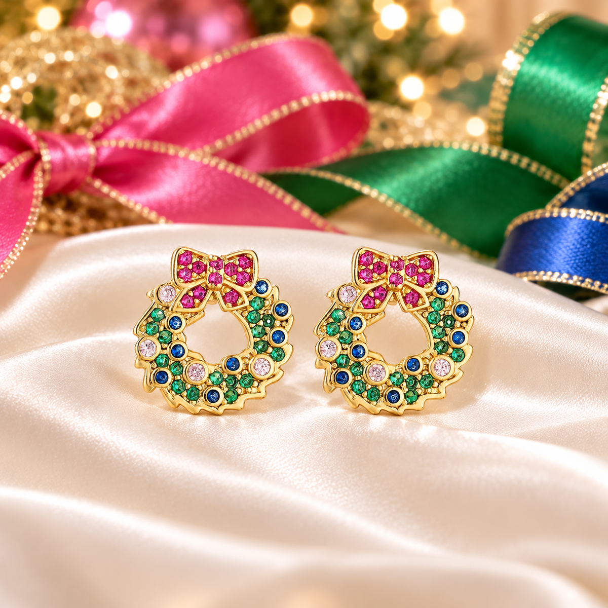 Pastel Pavé Christmas Wreath Earrings