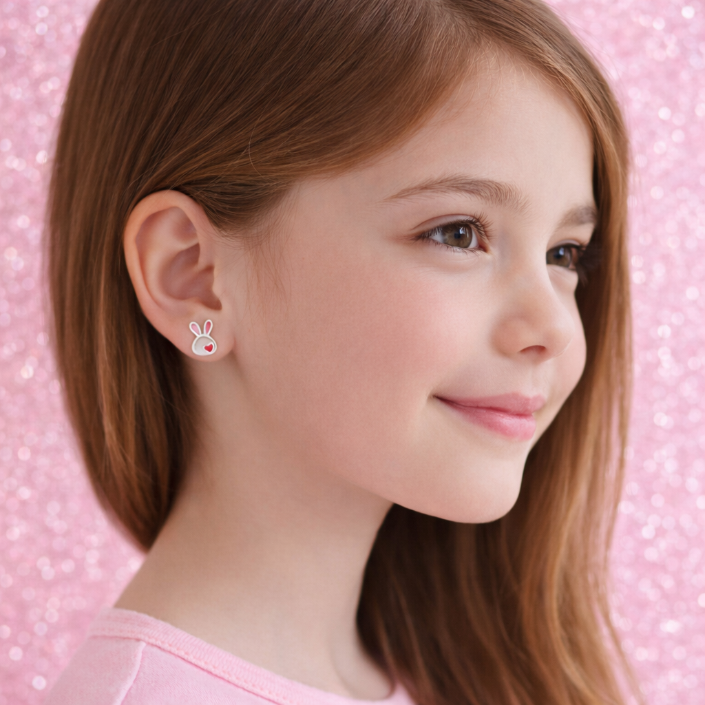 Young girl wearing Little Love Bunny Earrings against a pink glittery background