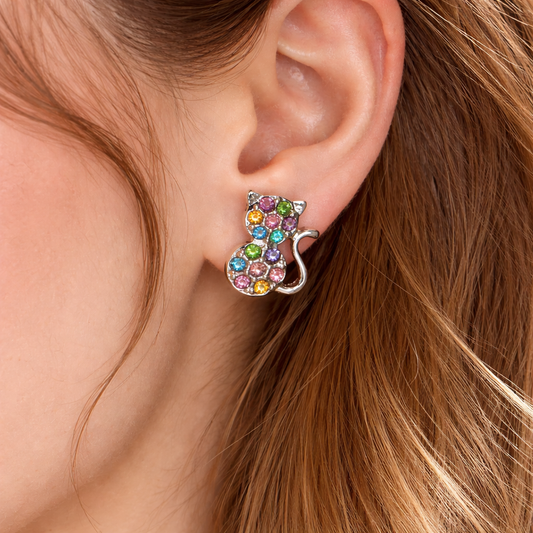Multicolor Pavé Cat Earrings worn by a person with brown hair.