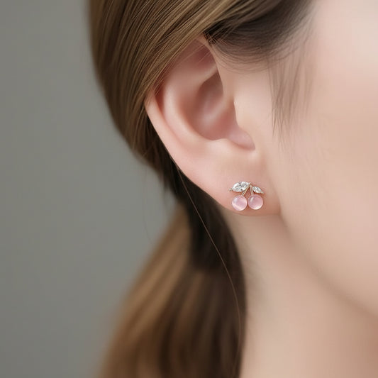 Woman wearing Opalescent Cherry Crystal Earrings