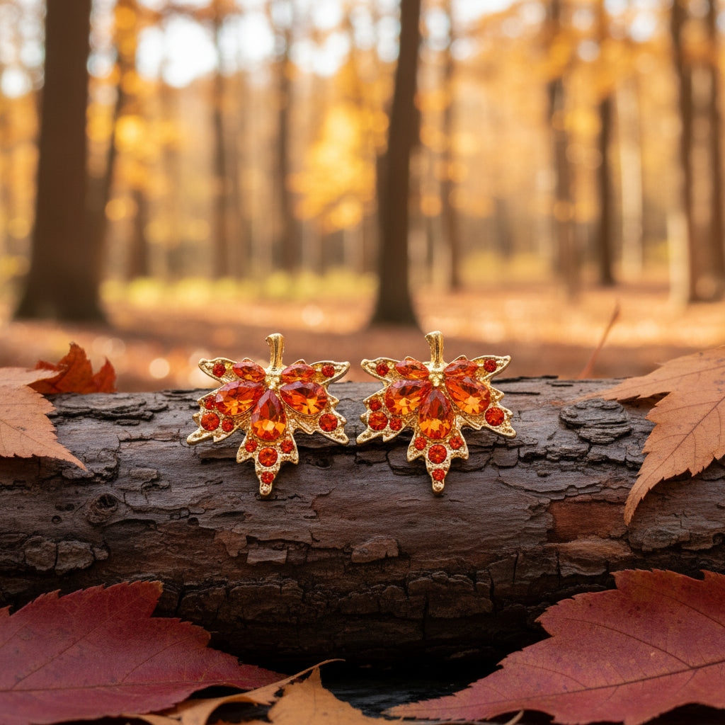 Orange Crystal Maple Leaf Earrings on tree