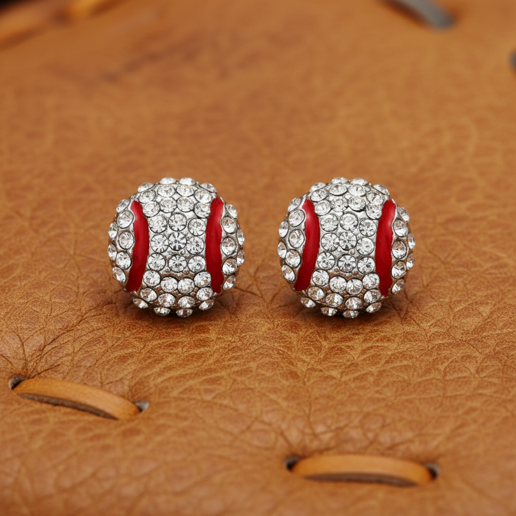 Pavé Crystal Baseball Earrings on baseball glove