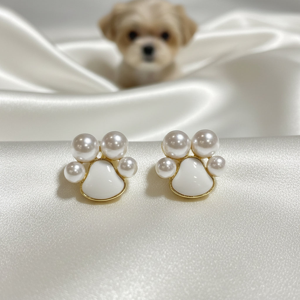 Pearl Paw Print Earrings on a white background with a puppy
