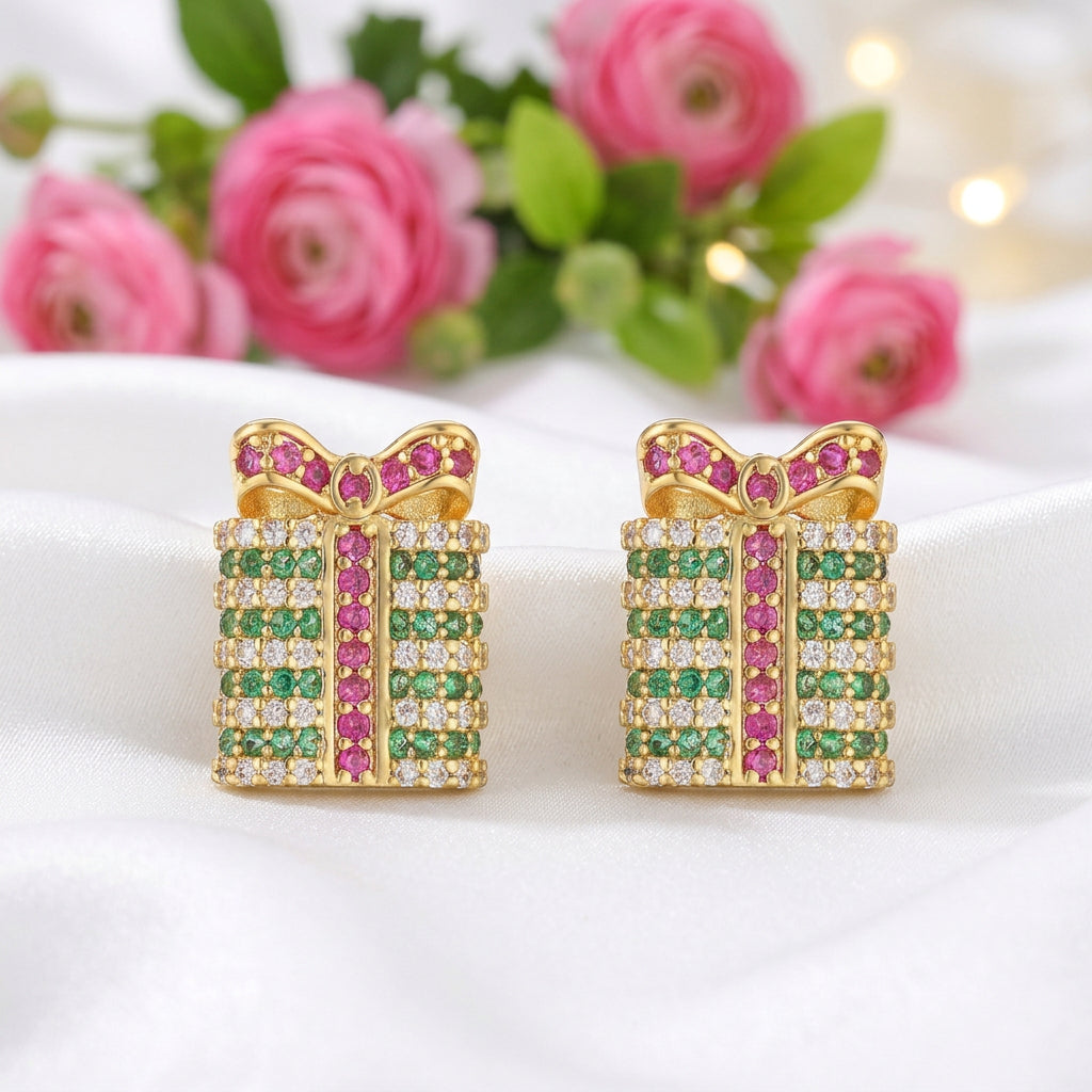 Pink & Green Pavé Gift Box Earrings with pink flowers