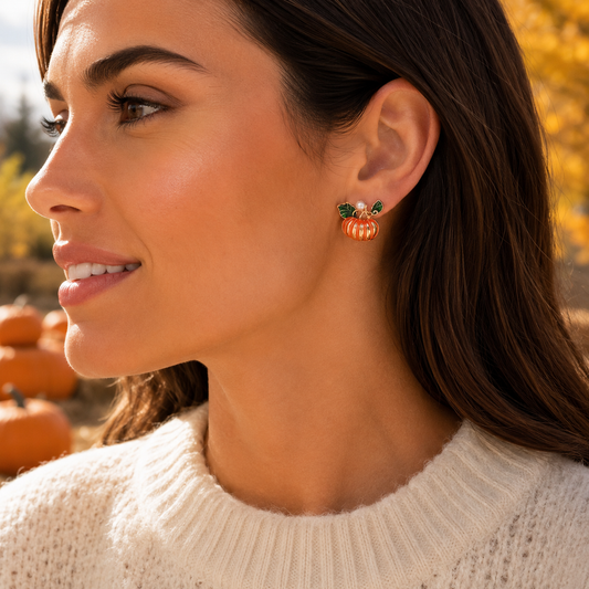 Woman wearing Pumpkin Pearl Earrings