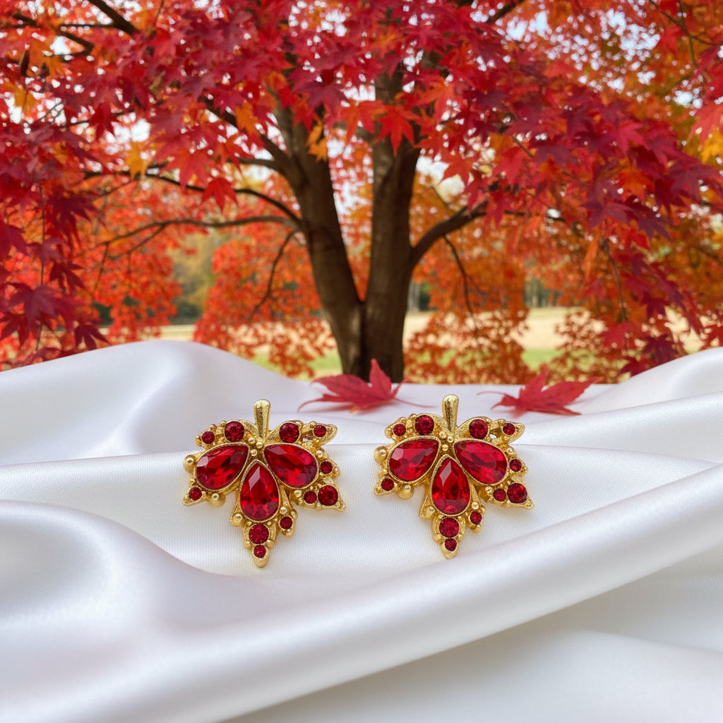 Red Crystal Maple Leaf Earrings with red maple tree