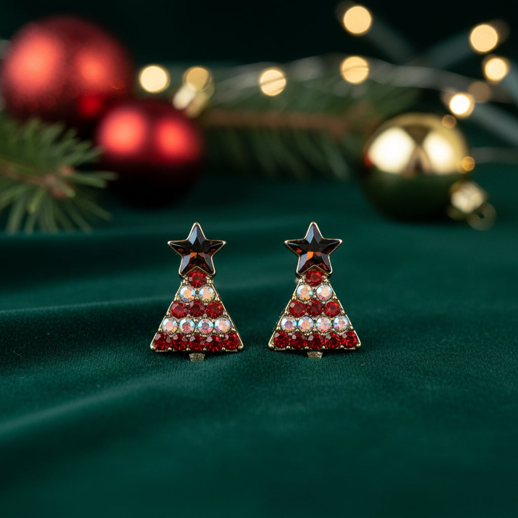 Red Pavé Christmas Tree Earrings on green