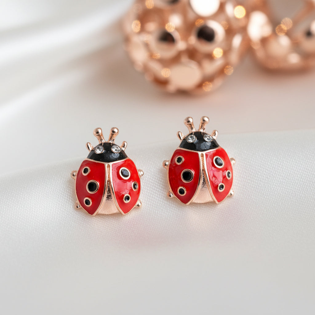 Rose Gold Lucky Ladybug Earrings on rose gold