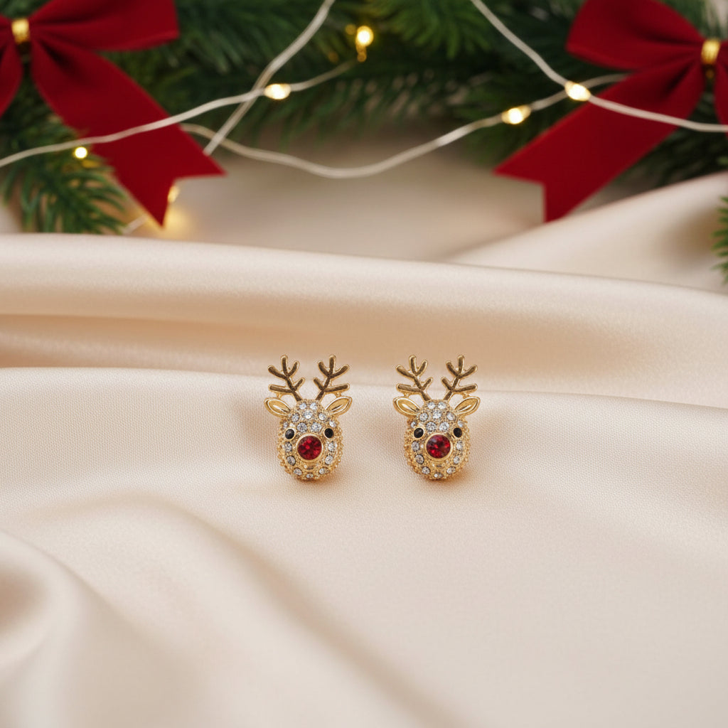 Rudolph Red Nose Reindeer Earrings on white satin