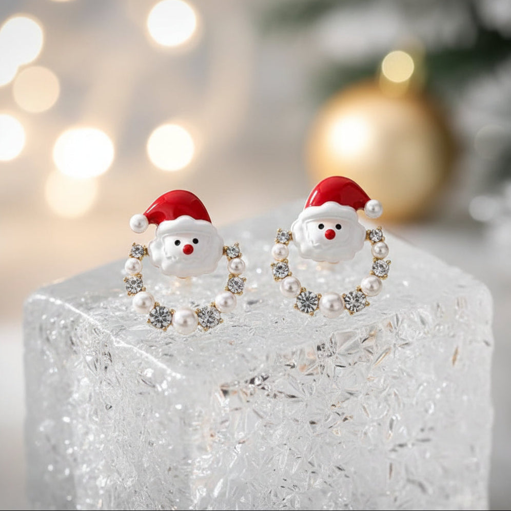 Santa Pearl Christmas Wreath Earrings on ice
