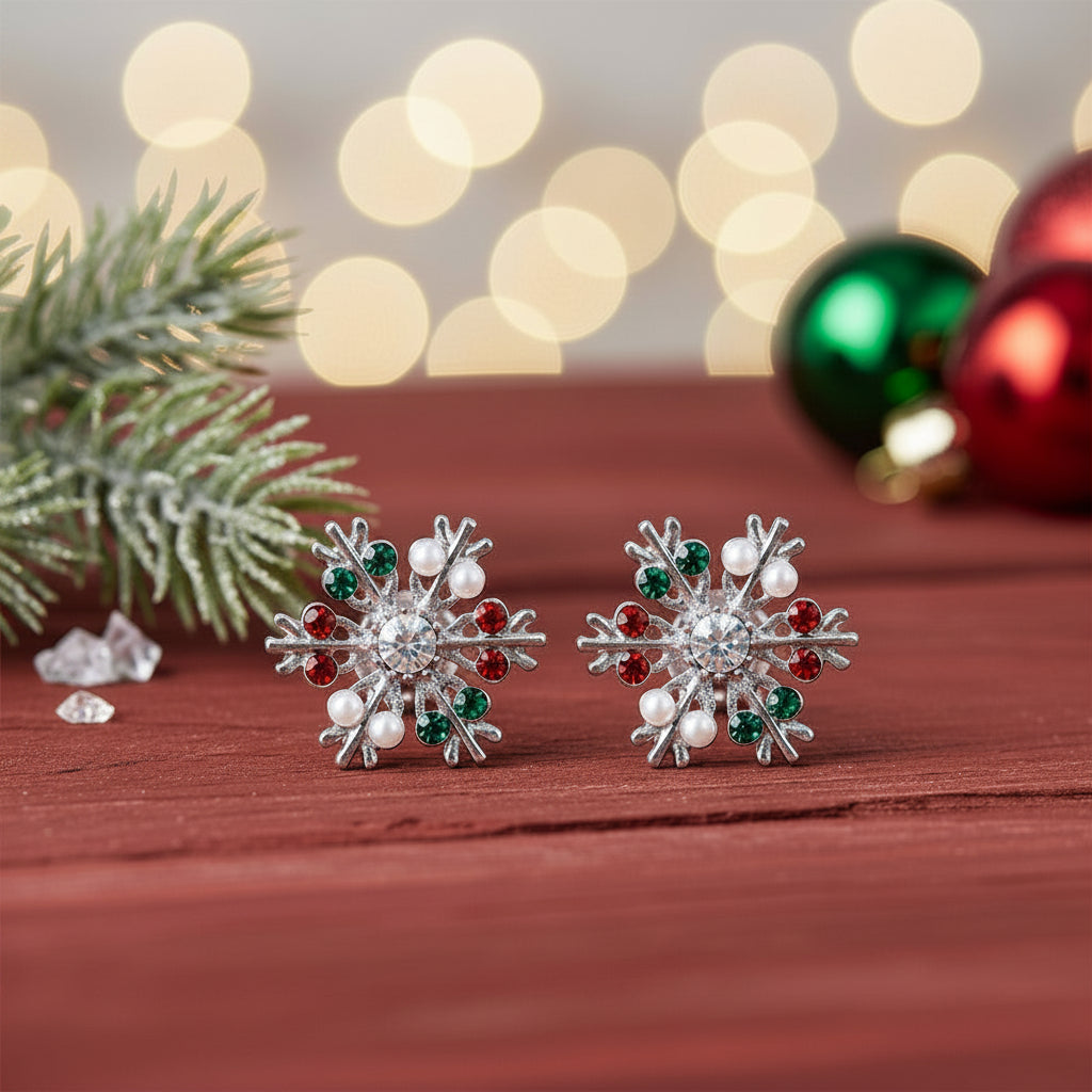 Silver Gemstone Snowflake Earrings on red barnwood