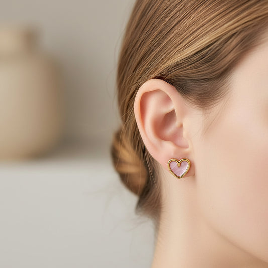 Woman wearing Soft Pink Pearlescent Heart Earrings
