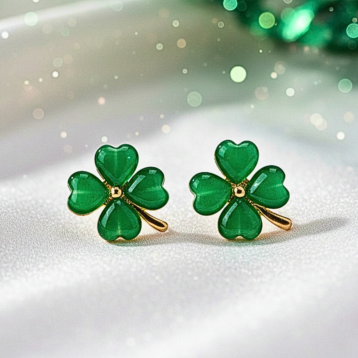 Green Four-Leaf Clover Shamrock Earrings on a white background