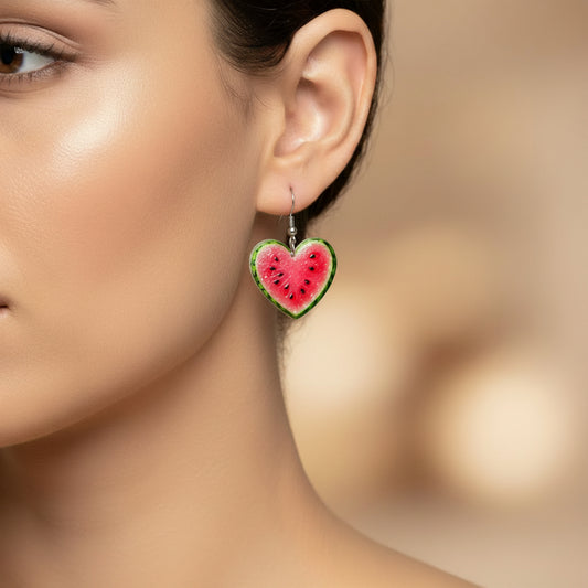 Woman wearing Watermelon Heart Earrings
