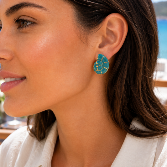 Woman wearing Turquoise Nautilus Shell Earrings