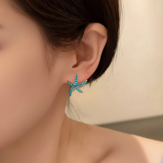 Woman wearing Turquoise Pavé Starfish Earring