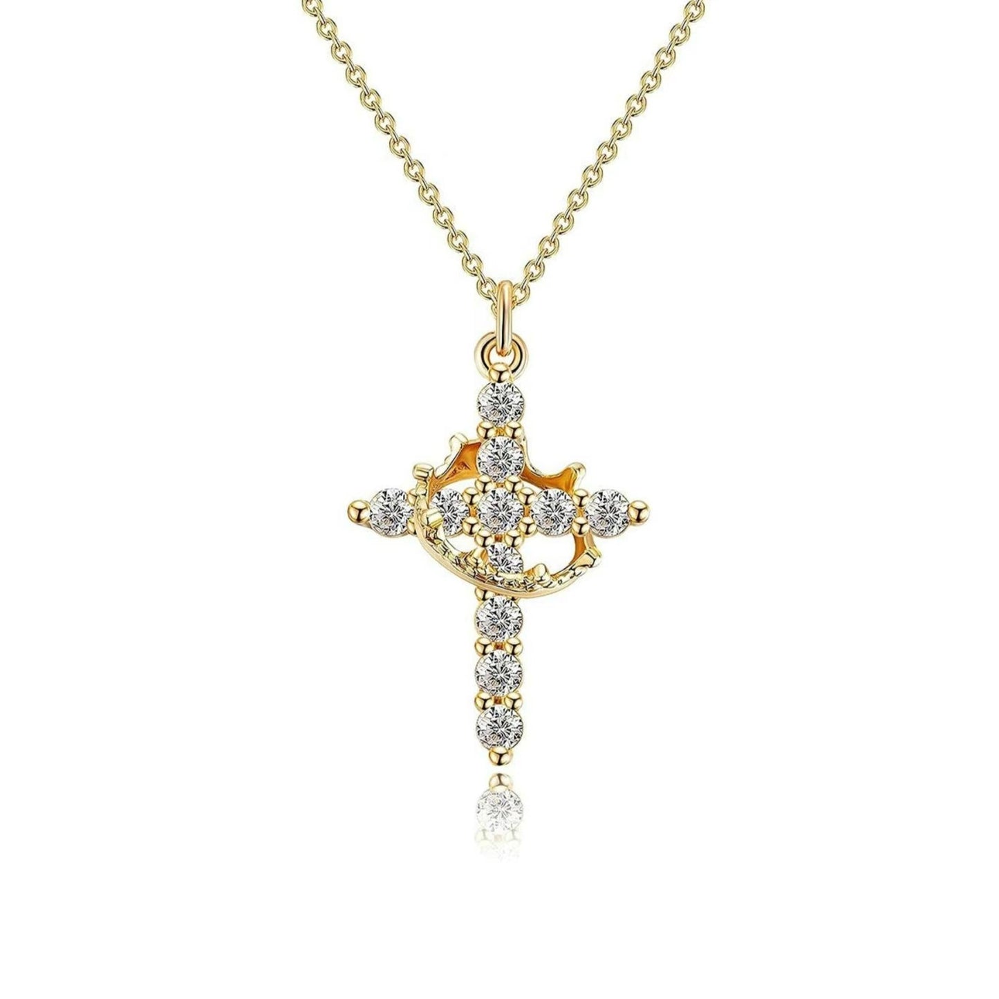 Gold cross pendant necklace with diamonds on a white background