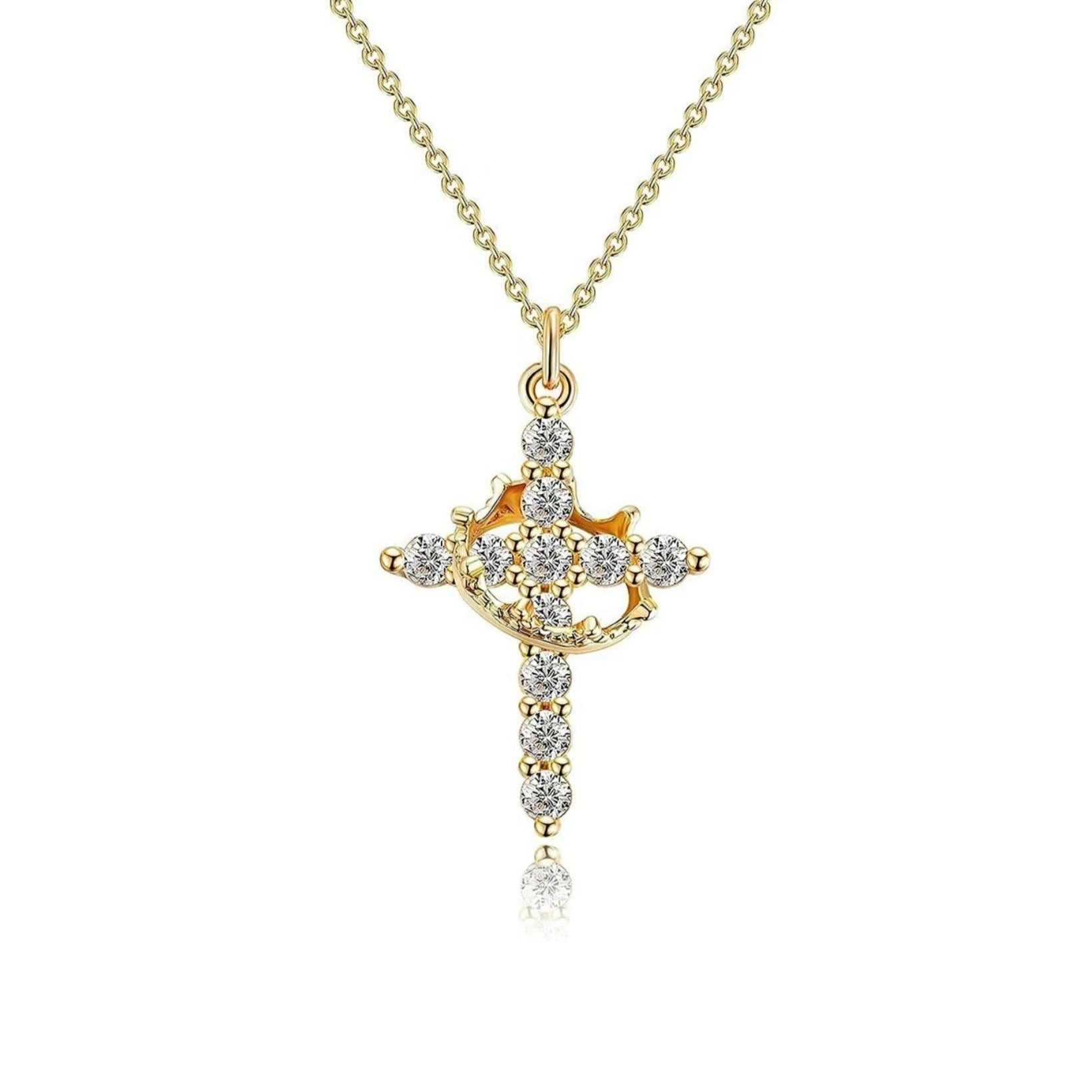 Gold cross pendant necklace with diamonds on a white background