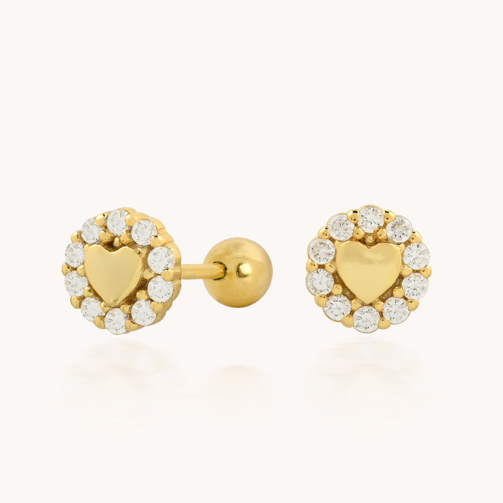 Tiny Gold Heart Halo Earrings with clear stones on a white background