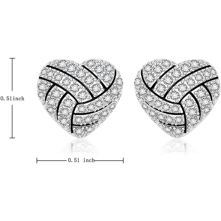 Silver & Black Rhinestone Heart Stud Earrings with a lattice design and clear stones, shown with measurements on a white background.