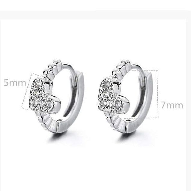 Silver Tiny Crystal Heart Earrings and measurements on a white background