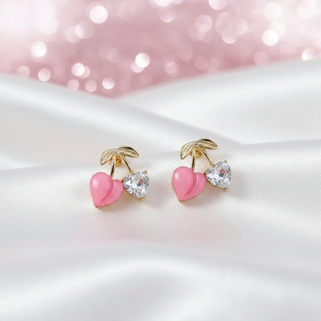 Pink Cherry & Crystal Heart Earrings on white