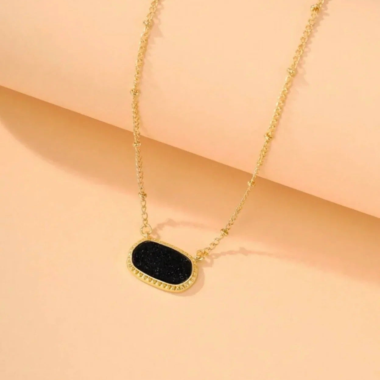 Black Druzy Oval Pendant Gold Necklace