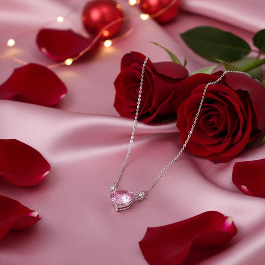 Pink Zirconia Heart Necklace on a white stand with a gray background